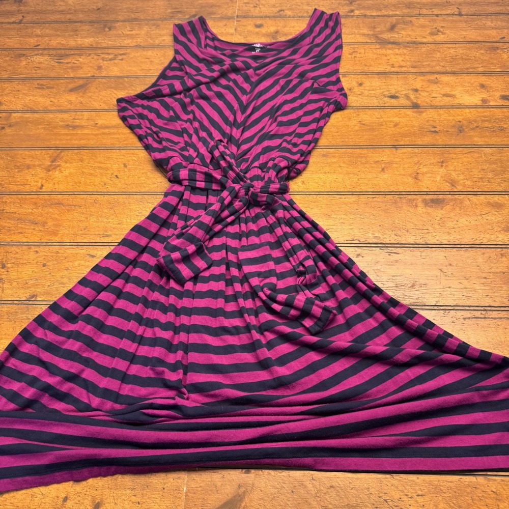 Croft & Barrow Womens 2X Purple Navy Striped Sleeveless V-Neck Belted Midi Dress
